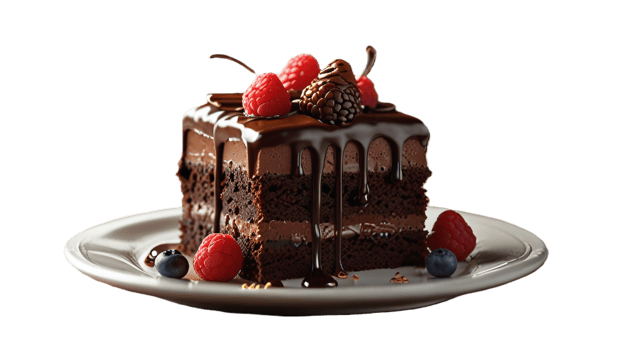 Chocolate cake with berries on top, transparent background png