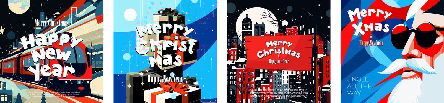 Merry Christmas and Happy New Year square banner. Xmas holiday eve abstract flyer. Joyful celebration print. Winter modern city, polar express and Santa Claus. Creative art drawing cover eps design vector