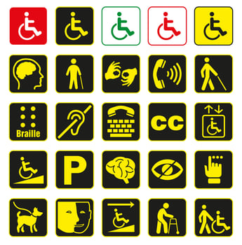 Yellow square disability icons set. Icons of mental, physical, sensory, intellectual deviations. vector