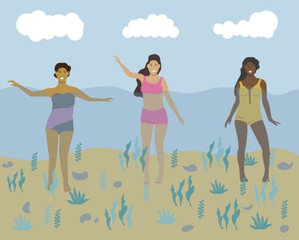Young girls swim on the beach. Illustration, flat cartoon characters. vector