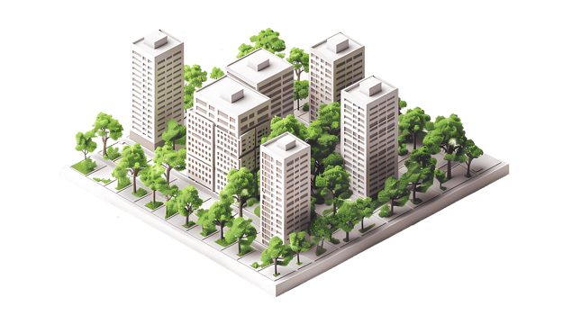 isometric city with trees and buildings png