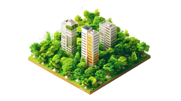 isometric city with trees and buildings png