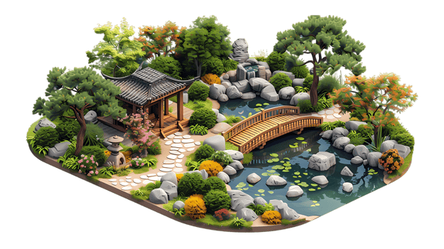 isometric style an asian garden with a bridge and water feature png