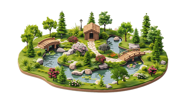 isometric style a small garden with a bridge and a wooden house on it png