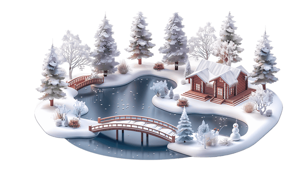 isometric style winter landscape with house, trees and pond png