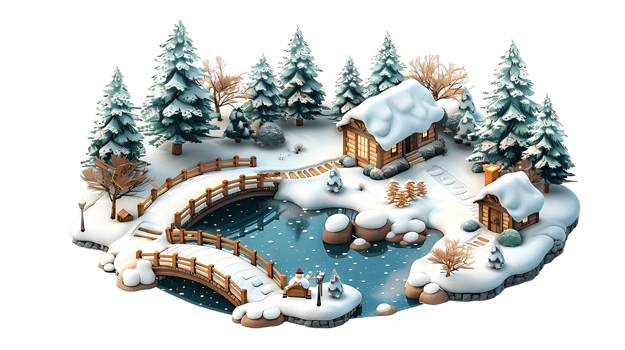 isometric style winter landscape with house, trees and pond png