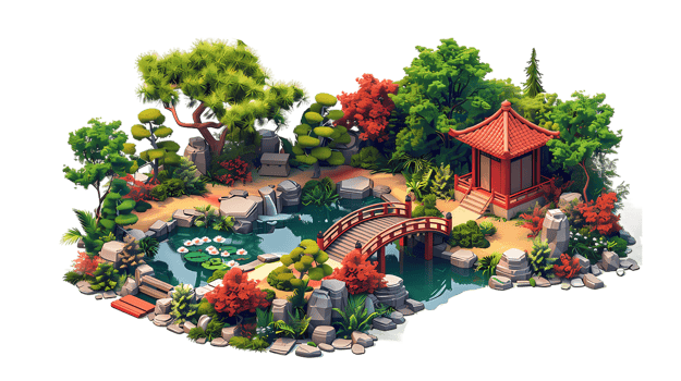 isometric style an asian garden with a bridge and a pond png