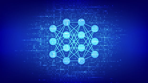 Neural network icon made with binary code. AI. Artificial Intelligence. Machine Learning. Deep learning. Big data analysis technology. Digital code background with digits 1.0. Illustration. vector