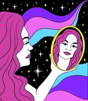 girl looks in the mirror, psychedelic groovy poster vector
