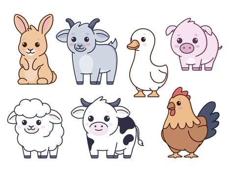 Farm animals, set of cute cartoon children illustrations, kawaii drawings vector