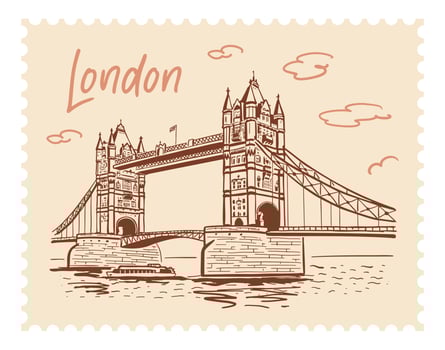Tower Bridge, illustration, hand sketch style. London landmarks on a postage stamp. vector