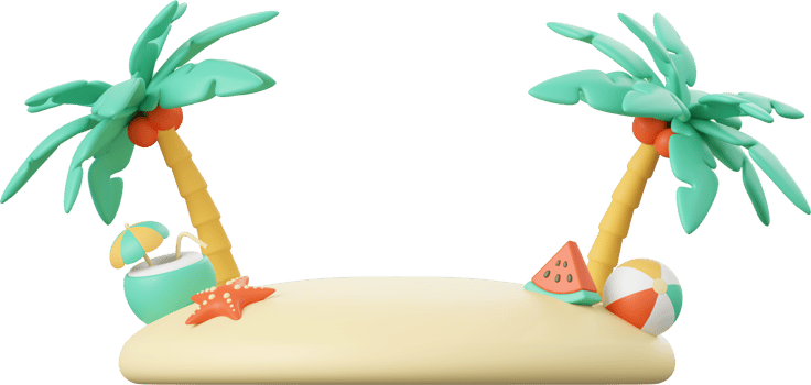 3d illustration of Summer concept, Beach with palm tree, beach accessories png