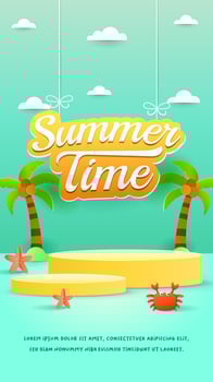 Vertical Summer holiday podium with paper cut style symbols and icons for greeting cards. vector