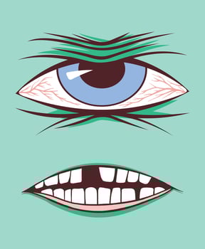 Cartoon style illustration of monster face in close-up. vector