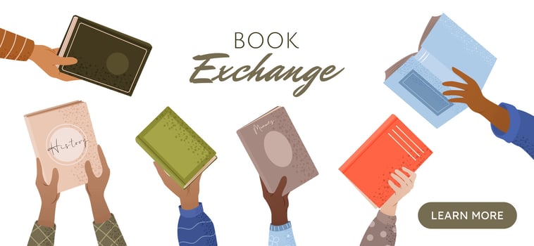 Book exchange or bookcrossing web banner. Landing page template. Education and knowledge concept, human hands holding various books on white background. Book club, World Book Day. illustration. vector