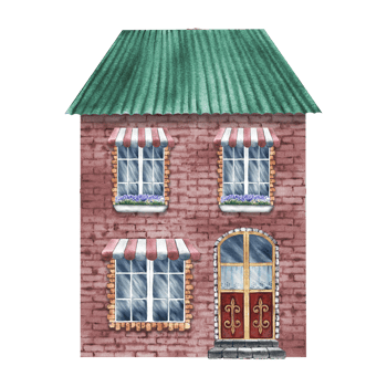 An old European house, a fabulous, cute, red two-storey house in vintage style. The watercolor illustration is made by hand. Isolate it. For prints, children's games, postcard, packaging, scrapbooking png