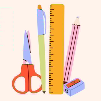 Stationery set.School tools, supplies.Bright Office Supplies isolated.Pencil,pen,scissors,ruler,sharpener in a modern trendy style.Children's subjects for study. illustration EPS10 vector