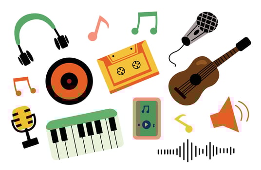 Eclectic mix of colorful musical elements flat design illustration vector