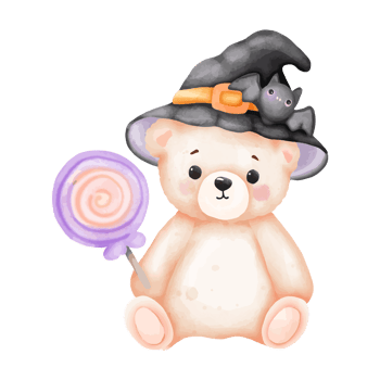 Cute Watercolor Teddy Bear in Witch Hat with Lollipop png