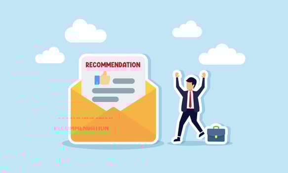 Recommendation letter document for a new job application, guaranteeing experience and recognizing education, concept of A happy businessman receives a recommendation letter in an email envelope vector