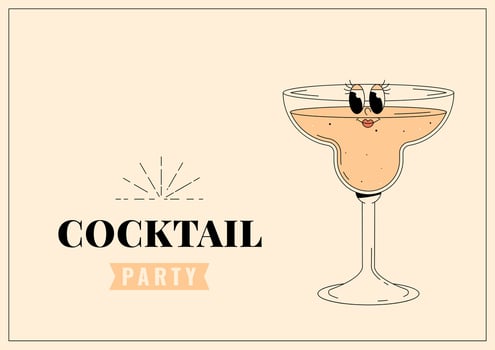 Groovy character daiquiri. Retro banner and label with popular alcoholic beverage. Cafe bar or cocktail lounge logo and sign. Summer vintage illustration vector