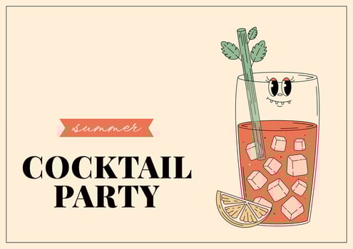 Groovy character Bloody Mary. Retro banner and label with popular alcoholic beverage. Cafe bar or cocktail lounge logo and sign. Summer vintage illustration vector