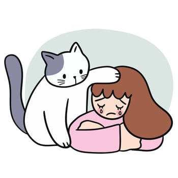 Cartoon cute woman and cat friendship family . vector