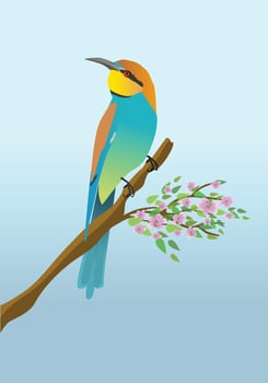 A digital illustration of a European bee eater. The bird is perched on a branch with some pink blossom and green leafs. vector