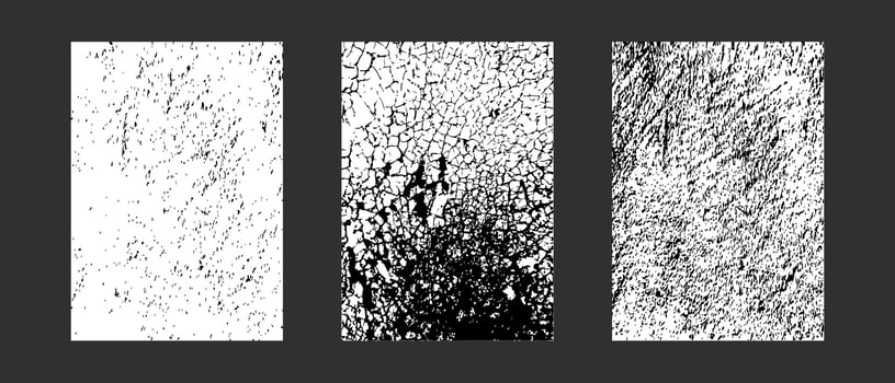 Set of grunge cracked and shabby textures. Worn grainy grunge background. Rough effect of ice, snow for winter design. Black and white color. Dirty eroded vintage background. vector
