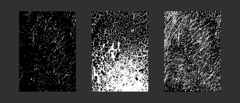 Set of shabby rough textures. Worn grainy grunge background. Rough effect of ice, snow for winter design. Black and white color. Dirty eroded vintage background. vector