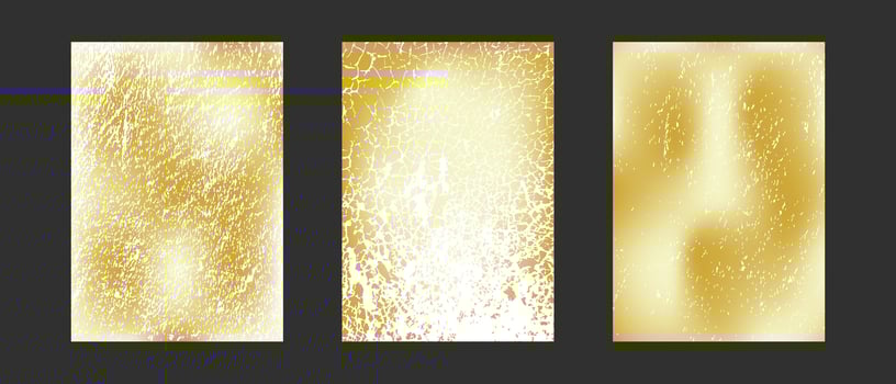 Set of three golden grunge textured backgrounds with distressed effects vector