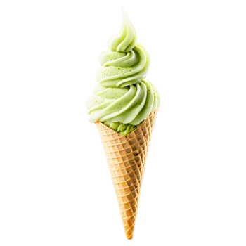 Matcha green tea soft serve in a crisp sugar cone dusted with matcha powder isolated png