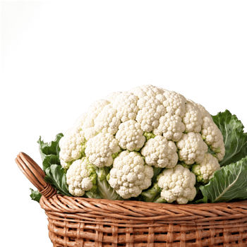 Cauliflower brassica oleracea white whole and florets swirling around old wicker basket water droplets Food png