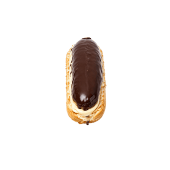 Eclair with chocolate glaze and cream filling oozing out Food and culinary concept png