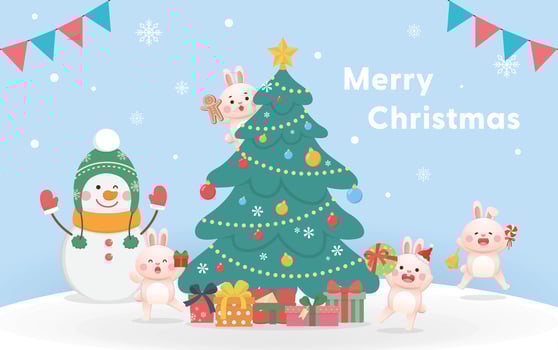 Christmas greeting card, cute rabbit and snowman character mascot or friends happy celebration, Christmas tree and gift box, Happy Christmas and New Year, cartoon style vector