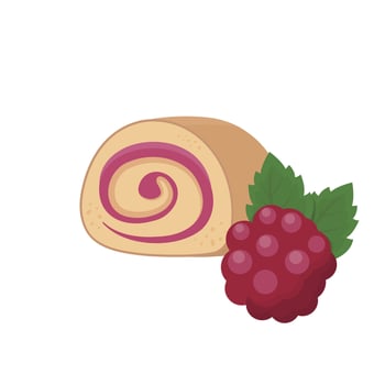 Raspberry or berry fruit flavored cake roll with cream, high calorie tasty sweet dessert, illustration style, isolated on white background vector
