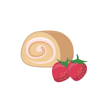 Cake roll with strawberry fruit flavor and cream, high calorie delicious sweet dessert, illustration style, isolated on white background vector