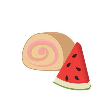 Watermelon fruit flavored cake roll with cream, high calorie delicious sweet dessert, illustration style, isolated on white background vector