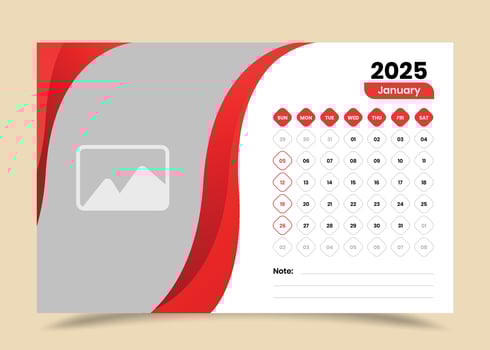 Simple desk calendar template for january 2025 with image placeholder vector