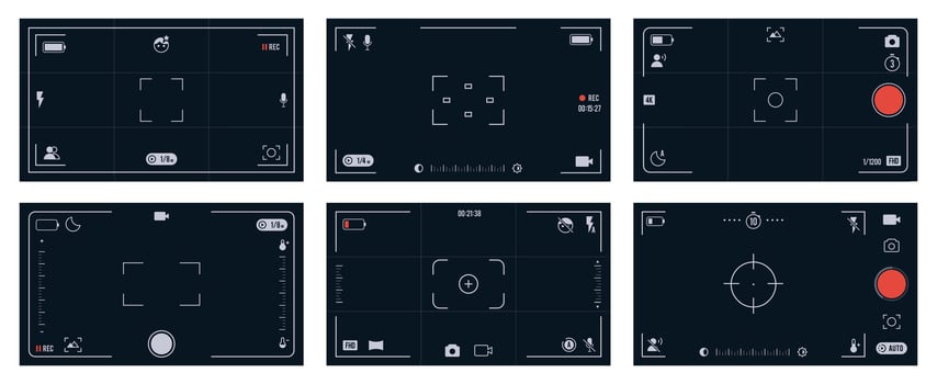 Mobile camera viewfinder. Smartphone viewfinders screen mobile camera with photo and settings, grid, grid, focus, exposure, zoom and flash icons. overlay for phone camera viewfinder vector