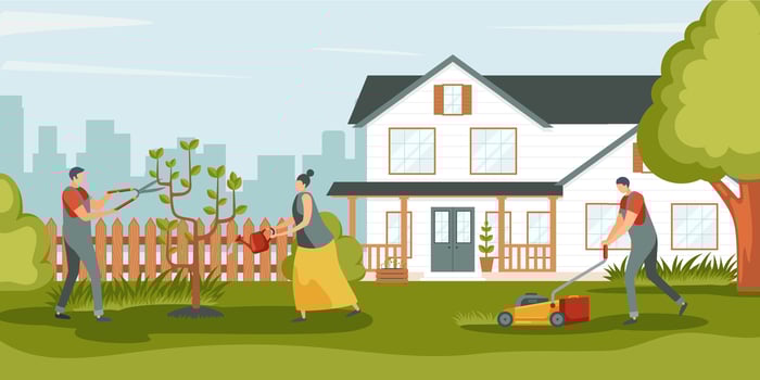 People gardening. Young man and woman care about garden, watering and cutting tree and grass. Characters growing saplings. Green environment. Flat illustration vector