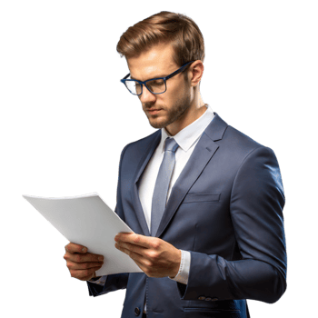 Businessman reading documents, focusing on analysis and decision-making png