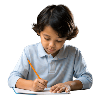 Young boy writing in a notebook, focusing on schoolwork png