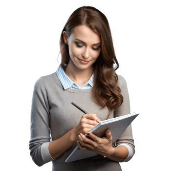 Young woman taking notes in a notebook, focusing on her studies png