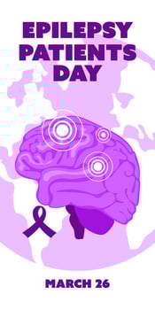 International Epilepsy Day banner for March 26. Brain is naturally flat in purple colors against the background of the earth with a ribbon on white shades of purple. Brain problems, illness. Vertical vector