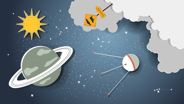 A flat illustration on the theme of space, a satellite flies in space against a planet with rings vector