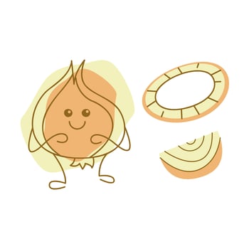 Cute onion character and half, ring, piece of onion. Hand drawn illustration. vector