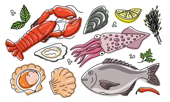Seafood illustration set. Fresh seafood hand drawn set. vector