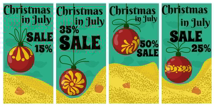 Set of vertical flyers templates for Christmas in July sale, bright Christmas Baubles on the beach vector