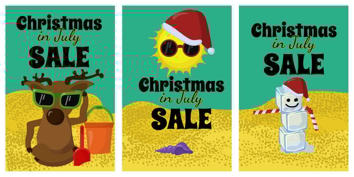Set of vertical posters for Christmas in July sale, positive winter characters on the beach vector
